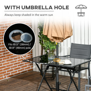 Foldable Outdoor Dining Table with Umbrella Hole, Patio Table for 6 with Glass Top Table, Metal Frame for Garden Lawn Backyard, Black
