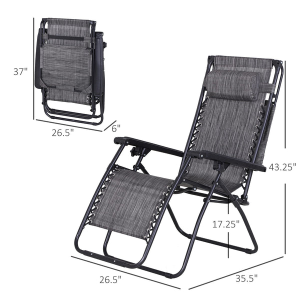 Lot de 2 chaises d'extérieur zéro gravité avec plateau latéral et porte-gobelet, chaise longue inclinable avec assise en tissu maillé respirant, oreiller, gris foncé