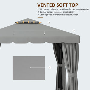 10' x 10' Outdoor Patio Gazebo Double Soft-top Garden Shelter Tent with Curtains, &amp; Mesh Screen Drapes, Light Gray