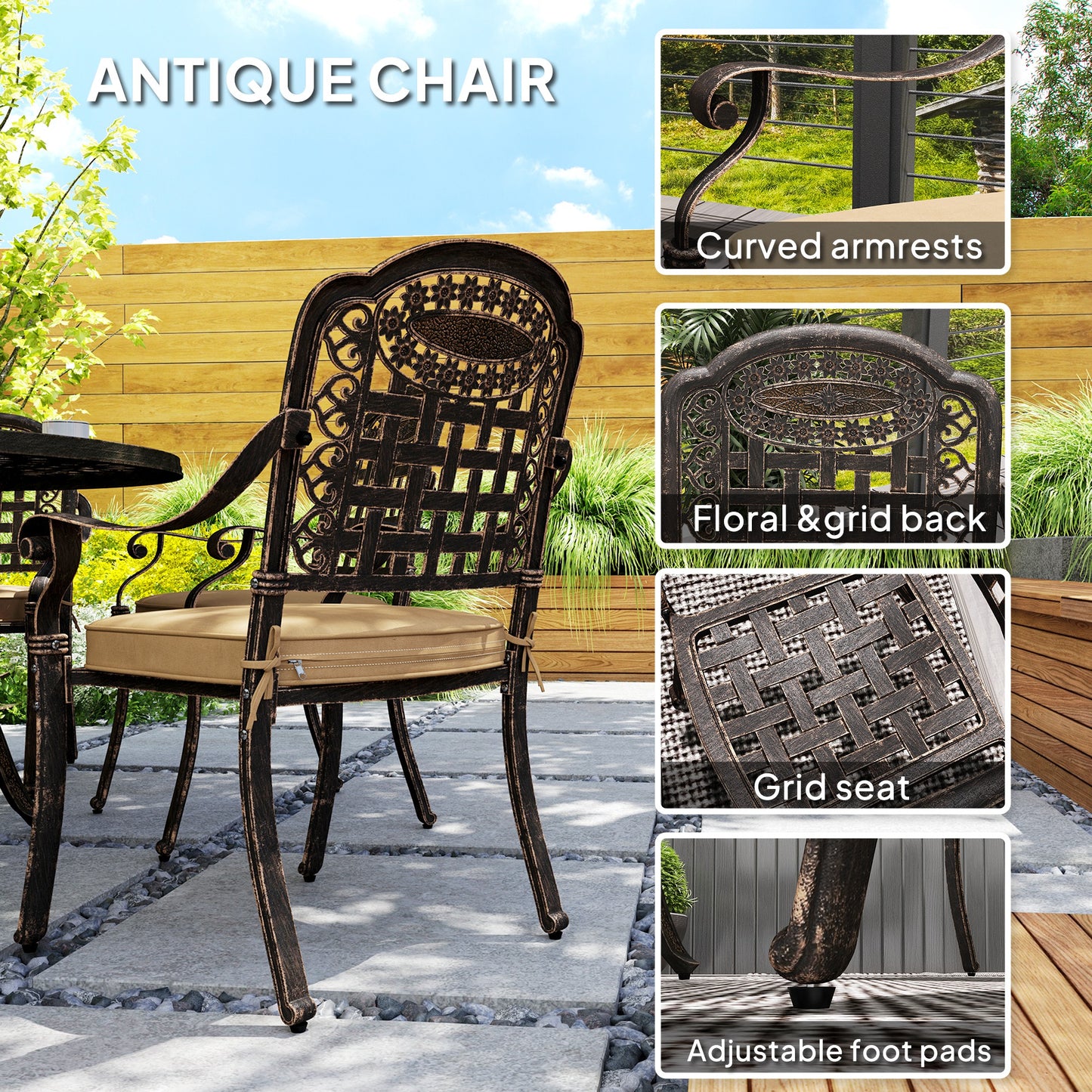 7 Piece Outdoor Dining Set for 6, Aluminum Patio Table and Chairs with Umbrella Hole and Cushions, Bronze