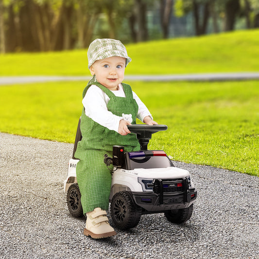 Kids' Sliding Police Car with Hidden Underseat Storage, Megaphone, Removable Backrest, White