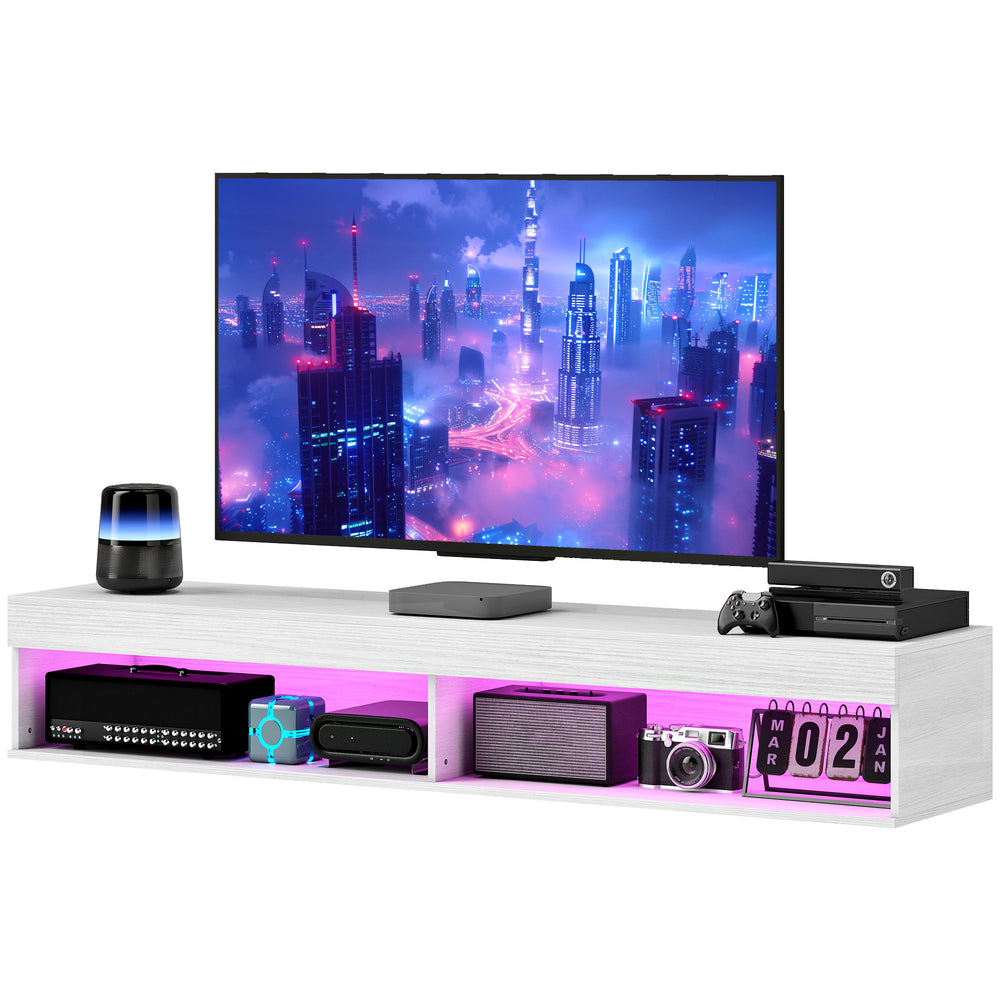 Meuble TV mural moderne avec rangement et éclairage LED pour téléviseurs jusqu'à 75 pouces, blanc