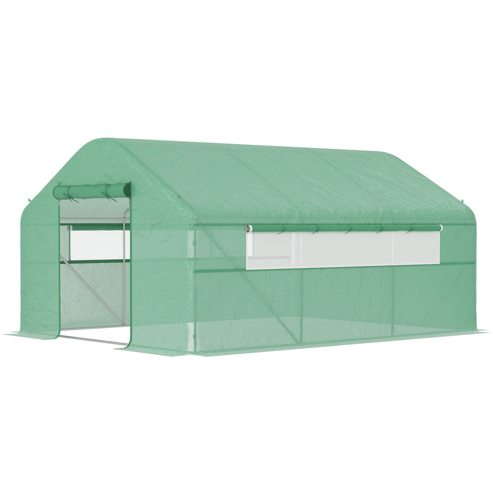 Tunnel greenhouse with galvanized steel frame, doors and windows, wind-resistant, green