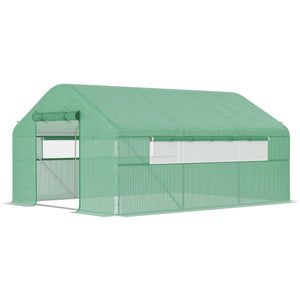 Tunnel greenhouse with galvanized steel frame, doors and windows, wind-resistant, green
