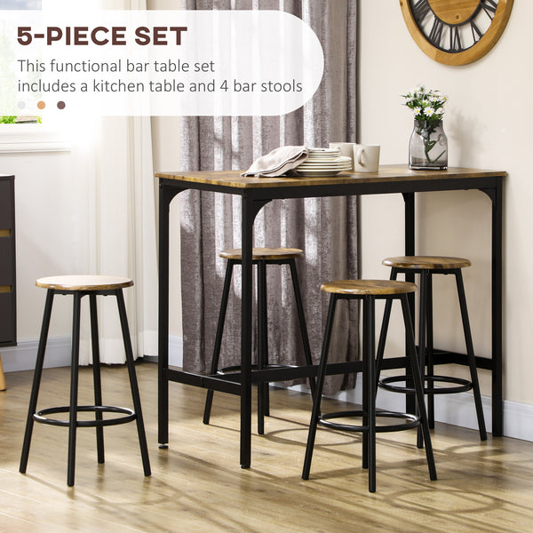 5-piece bar table set for 4 people in industrial style, rustic brown