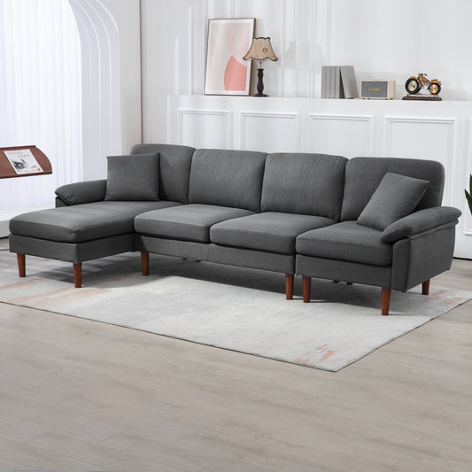 Modern L-shaped sectional sofa with removable chaise, cushions and wooden legs for living room, dark gray