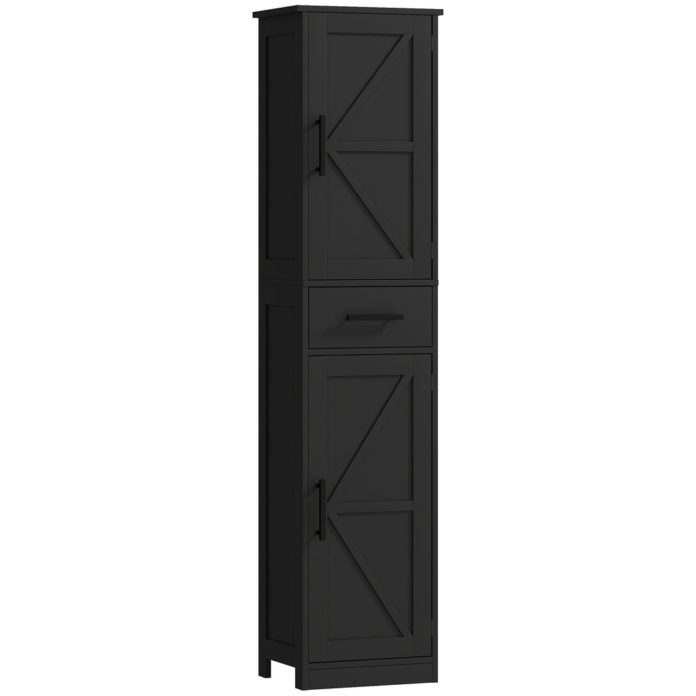 Meuble de salle de bain 170 cm de haut avec tiroir, portes de grange et étagères réglables, noir