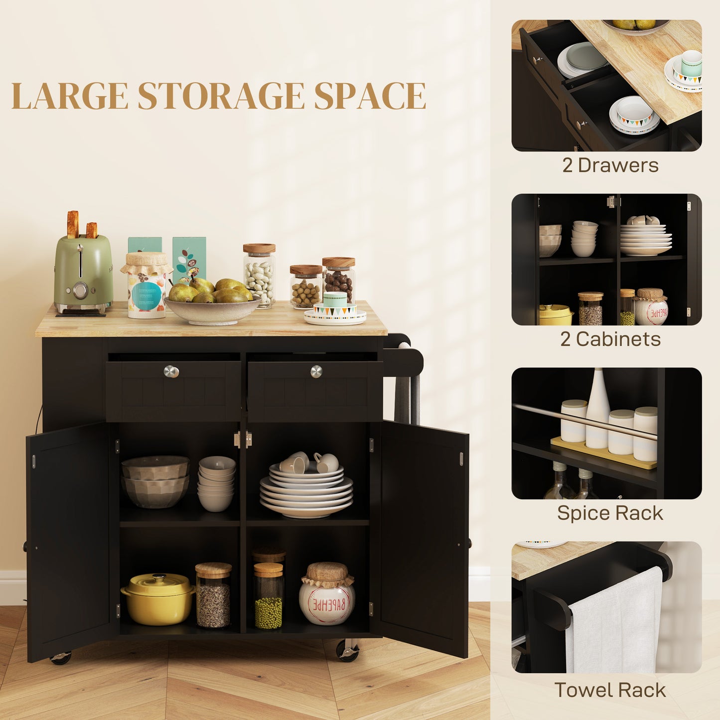 HOMCOM Kitchen Island with Power Outlet and Drop Leaf, Rolling Kitchen Cart with 2 Drawers and Adjustable Shelves, Black