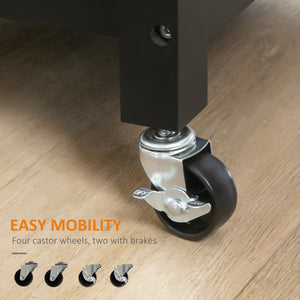 Rolling kitchen trolley with wooden top and drawer, black