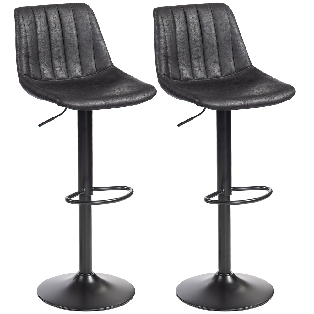 Set of 2 bar stools, adjustable height, swivel seat, faux leather upholstery, black.