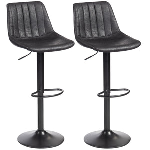 Set of 2 bar stools, adjustable height, swivel seat, faux leather upholstery, black.