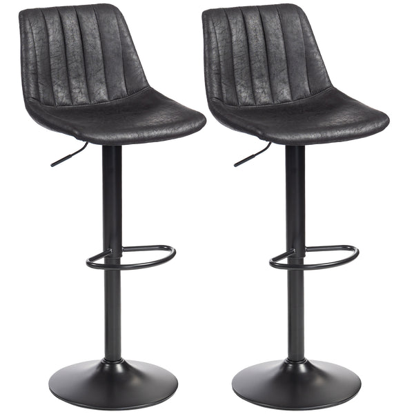 Set of 2 bar stools, adjustable height, swivel seat, faux leather upholstery, black.