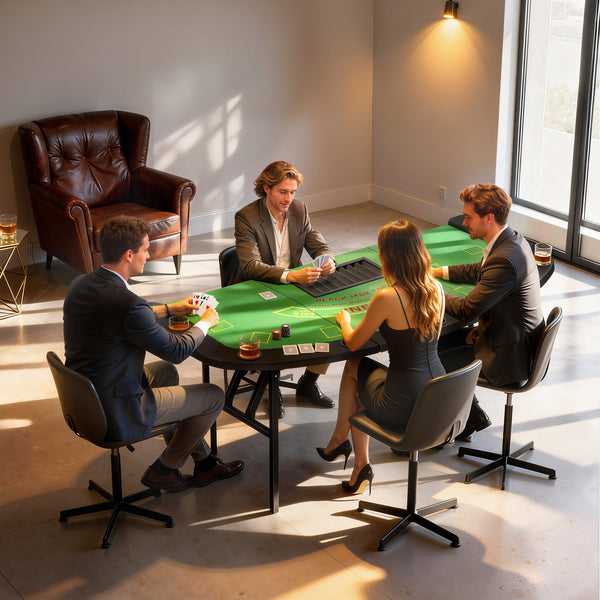 Folding poker table for 8 players, ideal for blackjack, Texas Hold'em and casino leisure, with 7 cup holders, green.