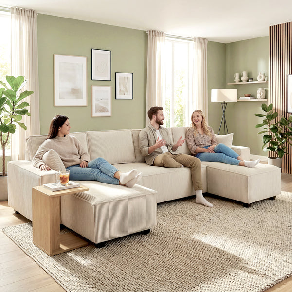 Canapé d'angle modulable en forme de U avec double méridienne et coussins à ressorts, beige