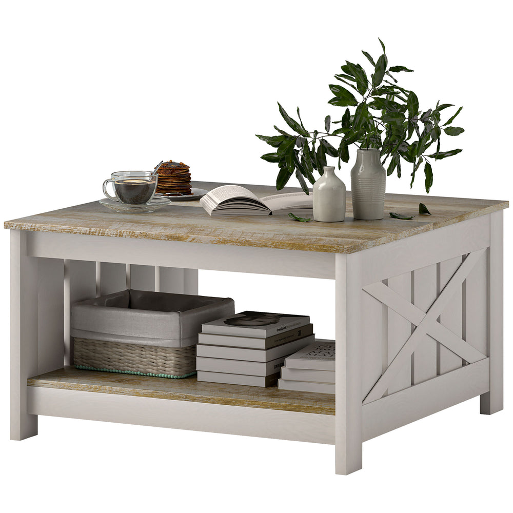 Table basse carrée à deux niveaux style farmhouse, chêne vieilli et marron