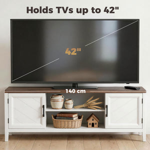 Meuble TV pour téléviseurs jusqu'à 42 pouces avec 2 étagères ouvertes, 2 placards, plateau épais, blanc et marron