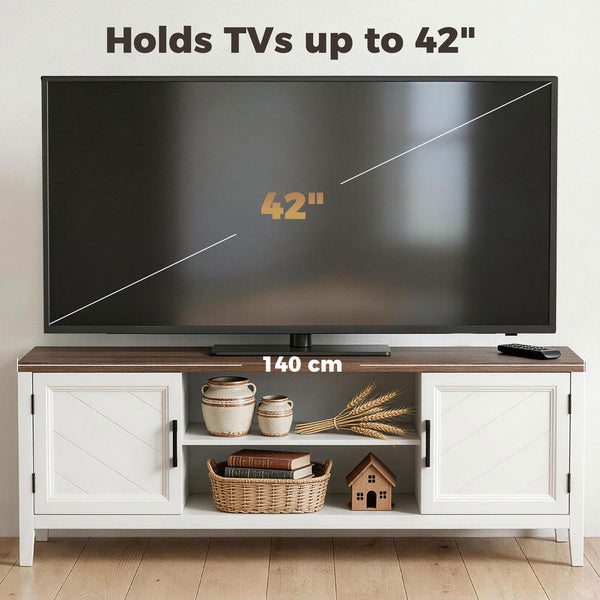 Meuble TV pour téléviseurs jusqu'à 42 pouces avec 2 étagères ouvertes, 2 placards, plateau épais, blanc et marron