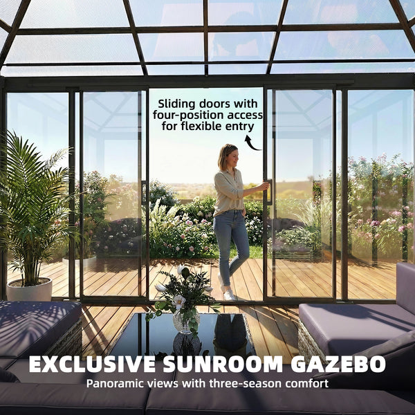 Gazebo d'extérieur 10' x 14'  à toit rigide, véranda en aluminium avec portes coulissantes, double toit, gris foncé