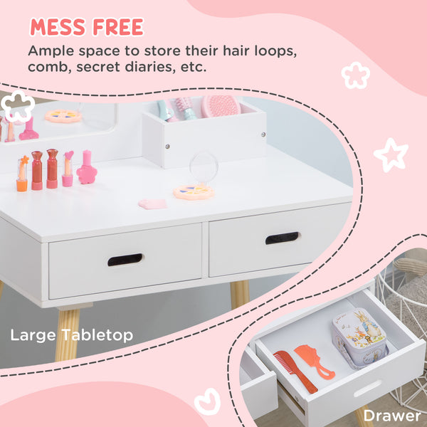 Coiffeuse pour enfants avec miroir et tabouret, blanche