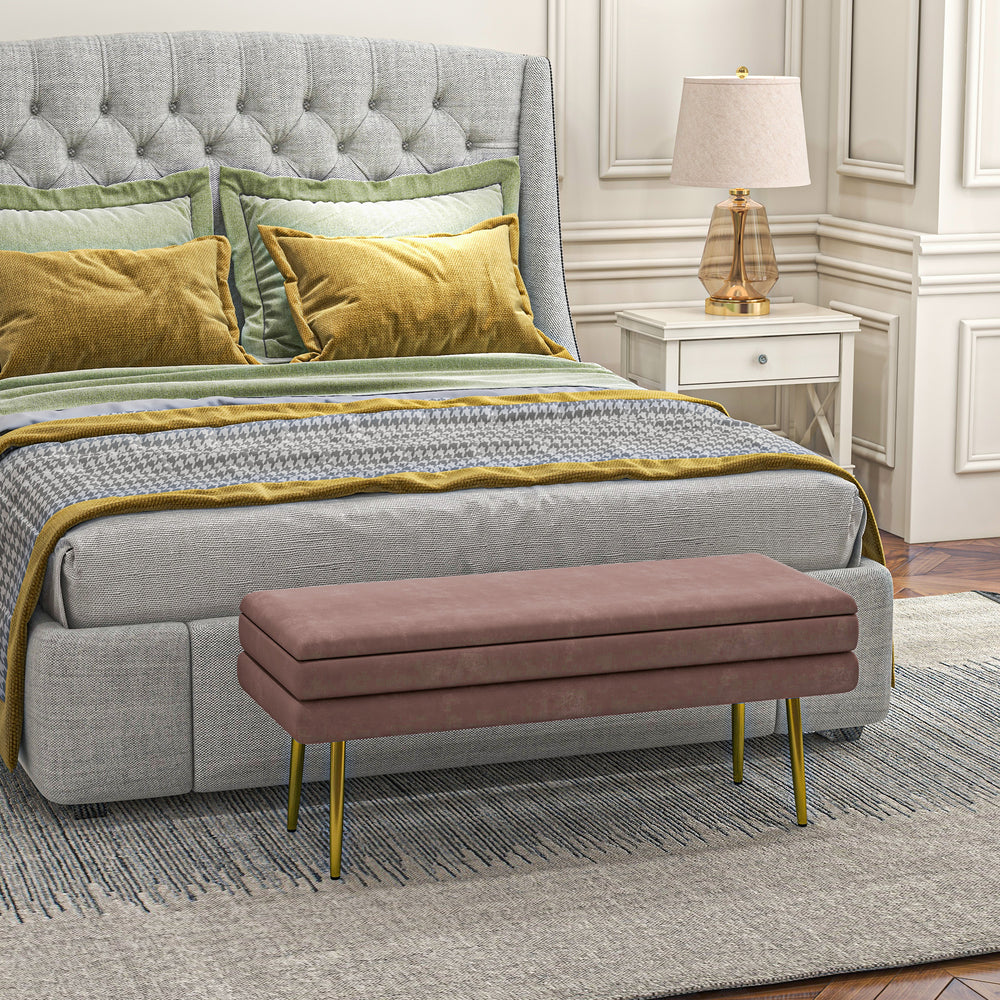 Pouf de rangement en velours avec pieds en acier, rose