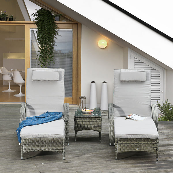 Patio Rattan Lounge Set, Wheeled Wicker Chaise Lounge Chair and Table with Tempered Glass Top, Mixed Grey