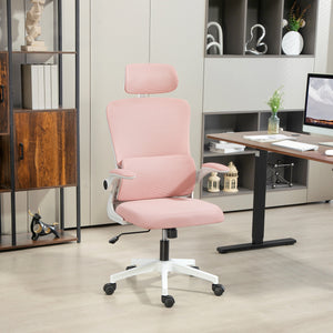High-back mesh office chair with swivel headrest, pink