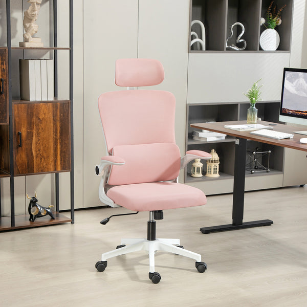 High-back mesh office chair with swivel headrest, pink