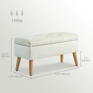 Pouf de rangement avec couvercle rembourré en velours et pieds en bois, blanc crème
