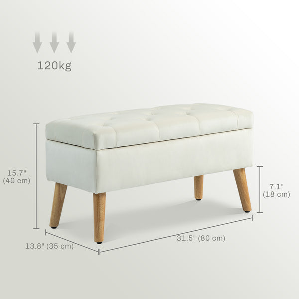 Pouf de rangement avec couvercle rembourré en velours et pieds en bois, blanc crème