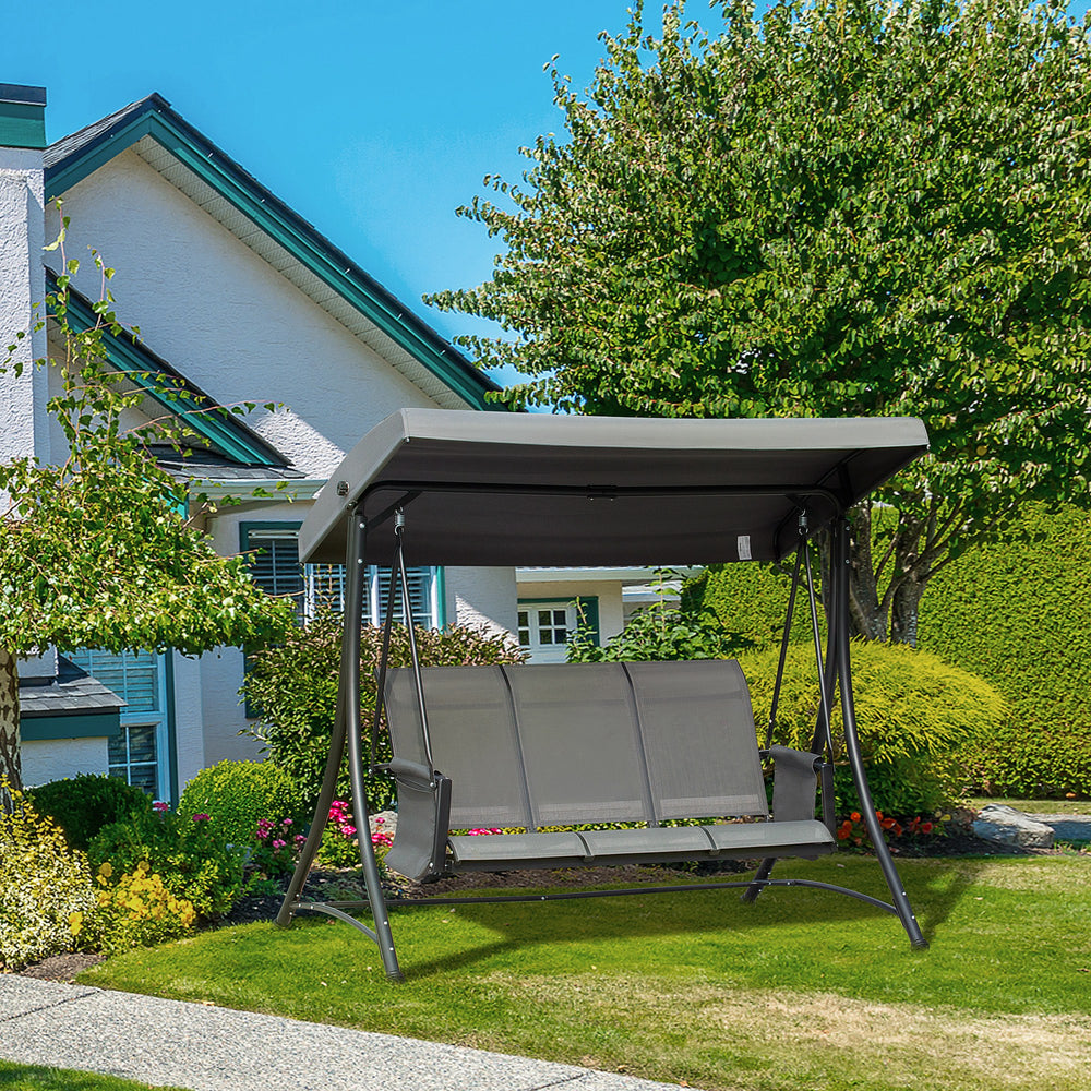 Balancelle 3 places avec dossier haut et auvent réglable, gris foncé