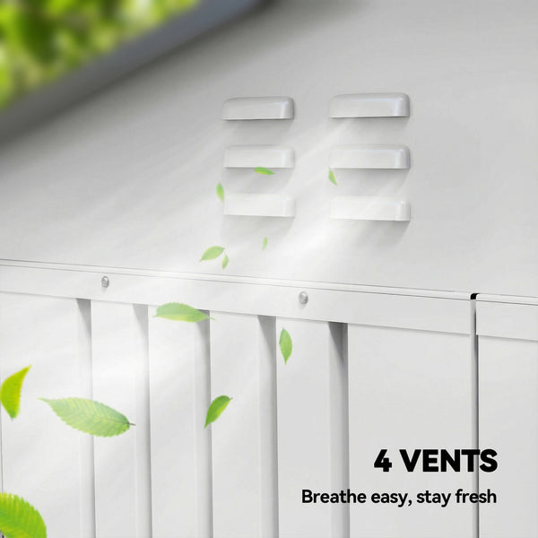 Abri de jardin 1,98 m x 1,22 m, en métal, avec double porte verrouillable et 4 aérations, couleur argent-blanc.