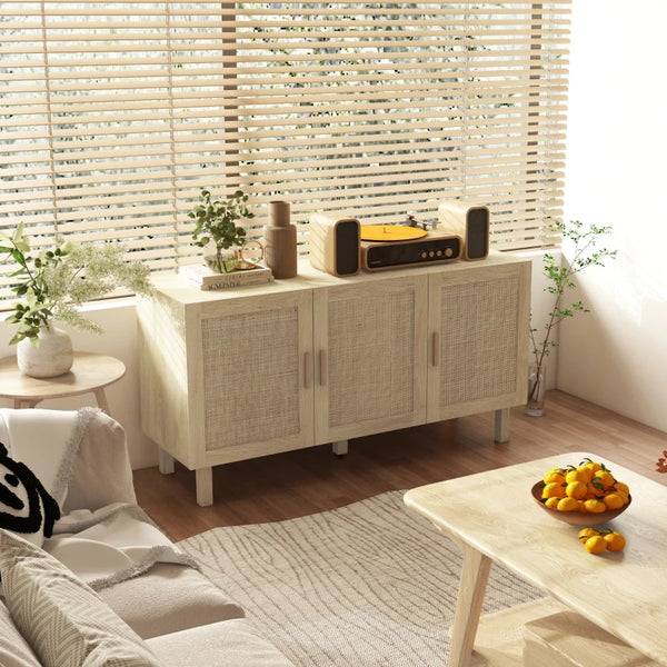 Bohemian sideboard with 3 rattan doors and adjustable shelves, natural