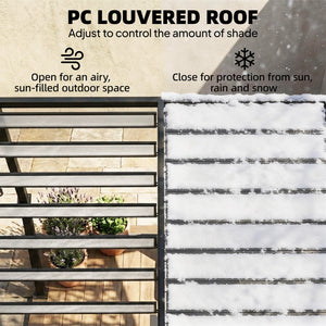 9.5 x 10 ft adjustable louvered pergola with polycarbonate roof, drainage gutters, handle, clear