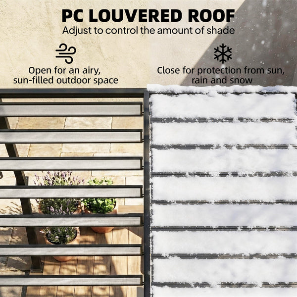 9.5 x 10 ft adjustable louvered pergola with polycarbonate roof, drainage gutters, handle, clear
