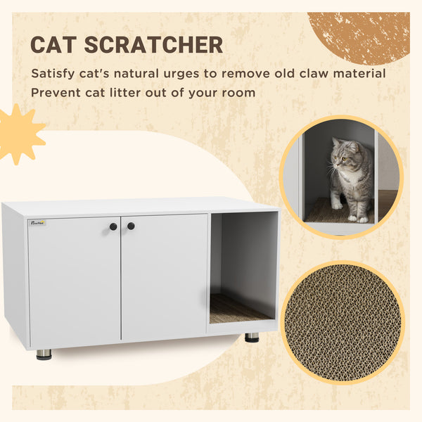 Litter box cabinet with double doors and integrated scratching post, white