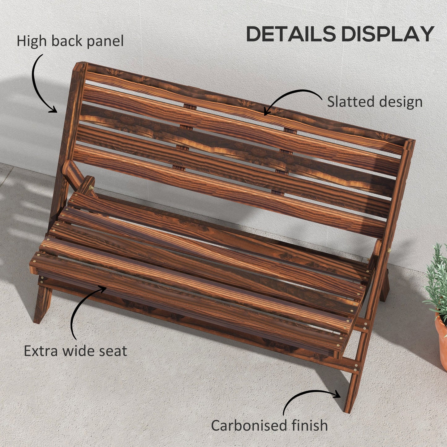 Banc d'extérieur en bois 2 places avec dossier et assise à lattes, finition carbonisée