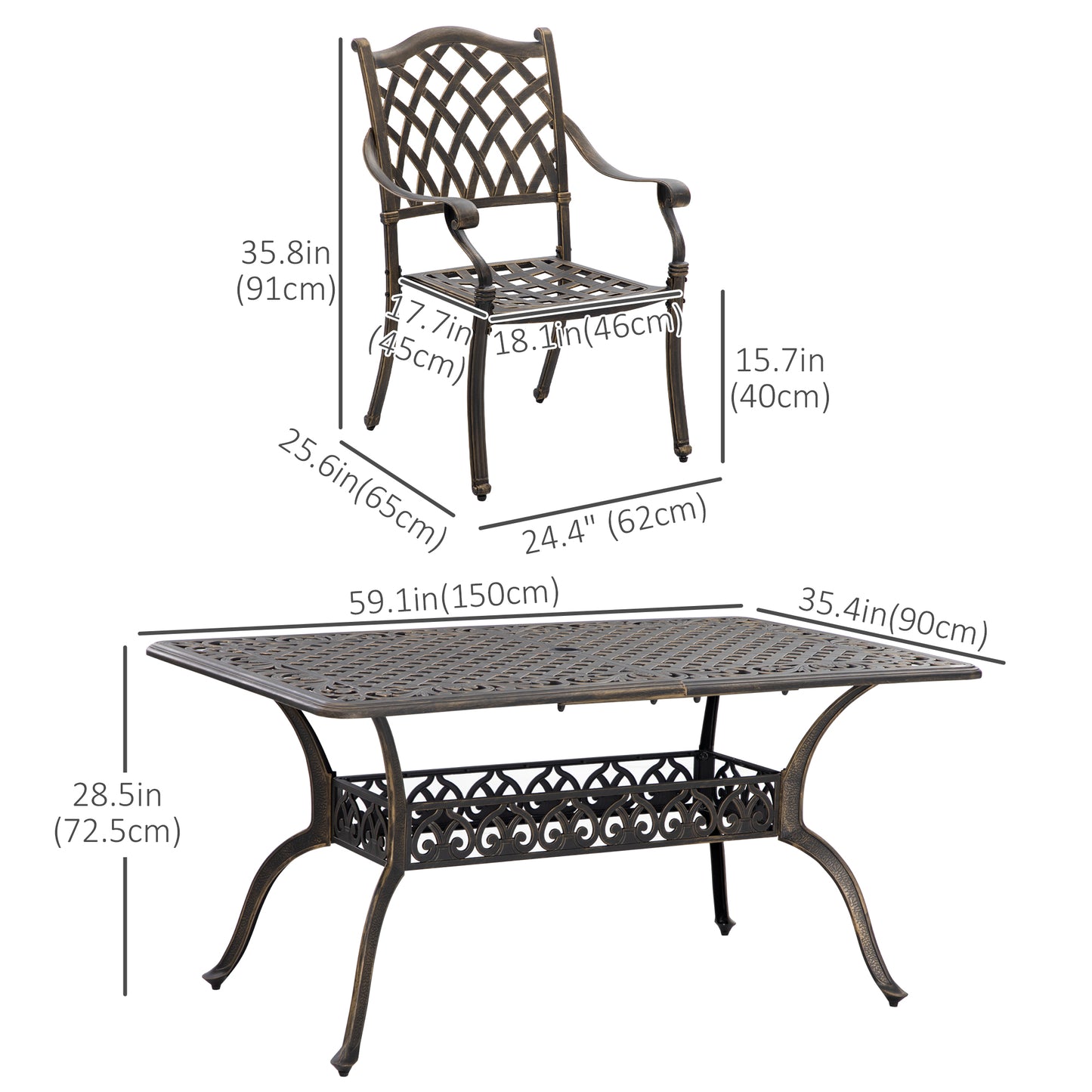 Outsunny 7 Piece Garden Dining Set with Umbrella Hole, Cast Aluminum Outdoor Furniture Set with 6 Padded Chairs and Rectangular Dining Table, for Garden, Lawn and Patio, Khaki