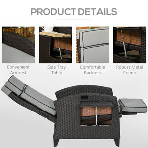 Outdoor Recliner Chair with Adjustable Backrest, Cushion, Side Tray, Light Grey