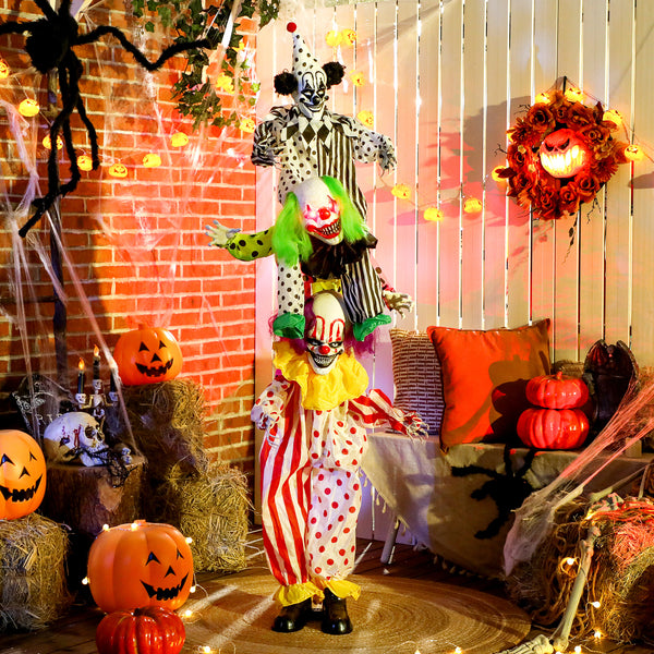 Life Size Stackable Halloween Animated Clown with Red Light Up Eyes, Sound Activated Scary Clown Halloween Decorations
