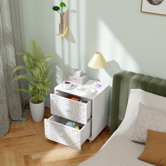 Table de chevet style milieu de siècle avec 2 tiroirs pour chambre à coucher, blanche