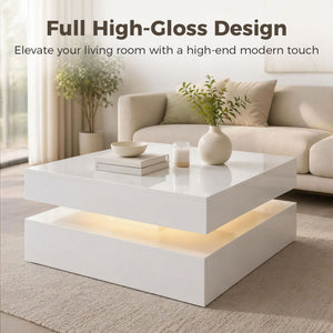 Table basse LED avec rangement à 2 niveaux avec étagère ouverte et télécommande pour salon, blanc brillant