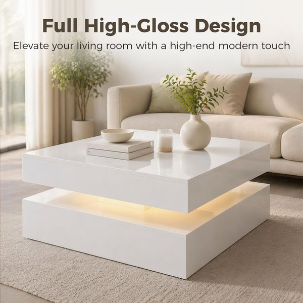 Table basse LED avec rangement à 2 niveaux avec étagère ouverte et télécommande pour salon, blanc brillant