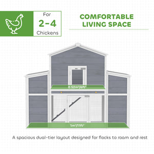 Wooden chicken coop with 2 nesting boxes, a pull-out tray, and a ramp