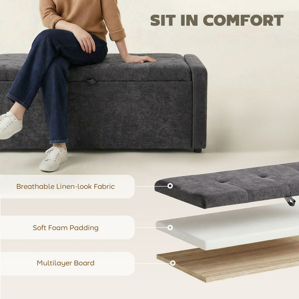 Banc-pouf de rangement avec revêtement en tissu aspect lin, assise large rembourrée, gris foncé