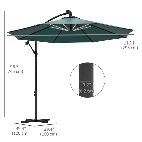 Parasol déporté suspendu de 10 pieds avec éclairage LED solaire, vert