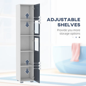 Meuble de rangement de salle de bain avec portes en verre mat et étagères à 5 niveaux, blanc et gris