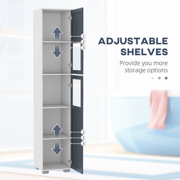 Meuble de rangement de salle de bain avec portes en verre mat et étagères à 5 niveaux, blanc et gris