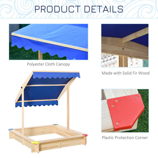 Kids Wooden Sandbox with Cover, Play Sand Station for Children Outdoor Sand box, with Seats, for Backyard, Beach, 47" x 47" x 47", Natural