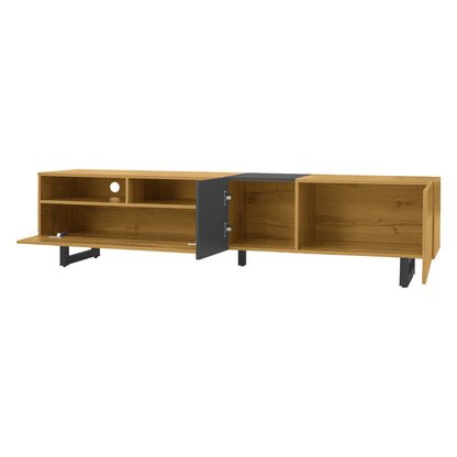 Meuble TV avec pieds en métal en U, 3 portes et 2 compartiments, assemblage facile, noir et naturel