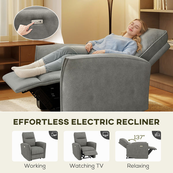 Fauteuil inclinable électrique, revêtement en tissu, ports USB, repose-pieds, gris